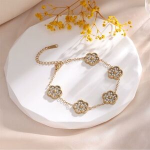 Gold-Toned Stainless Steel Stones Flower Motif Bracelet
